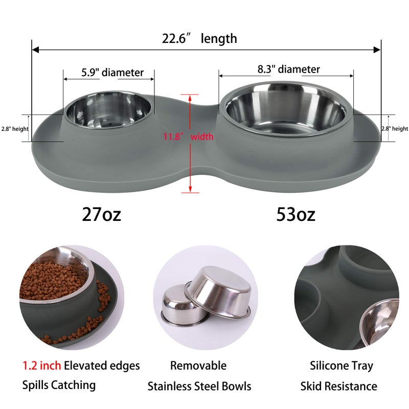 Yacee 100% Waterproof BPA Free Pet Dog Bowls2 Stainless Steelï¼ˆ53oz+27ozï¼‰ with 1.35â€œ Raised Edge Silicone Mat + Slow Feed Dog Water and Food Bowls for Feeding Small Large Dogs Cats Puppies (Gray) - Image 2